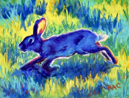 Blue Bunny Hopping by artist Rhodema Cargill